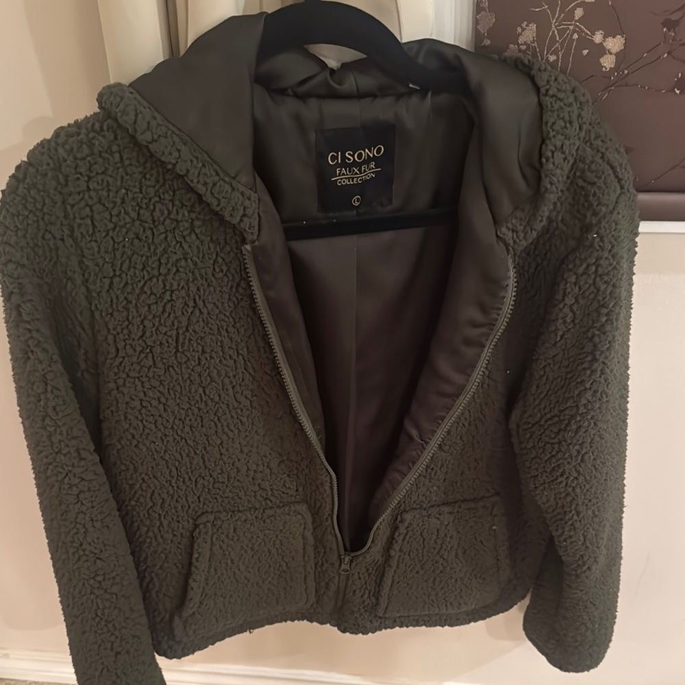 Ci Sono Green Teddy Jacket Cozy Fleece Hooded - Picture 1 of 4